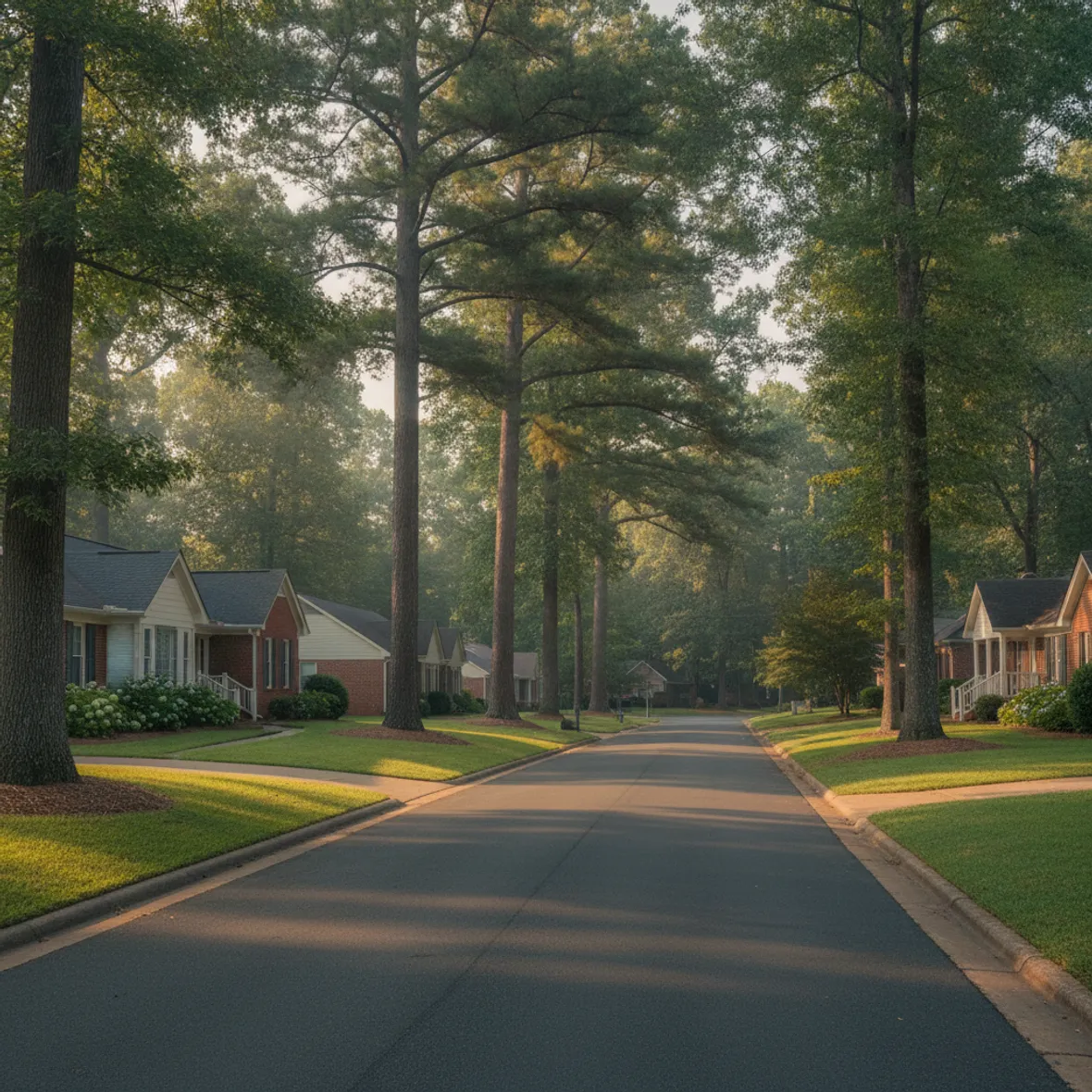 A quiet, established Canton residential street lined with tall mature oaks and pines over brick and siding homes in warm morning light