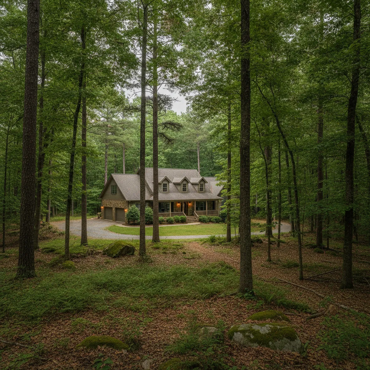 A Woodstock-area home set among tall Georgia hardwoods and loblolly pines on a leafy, established lot
