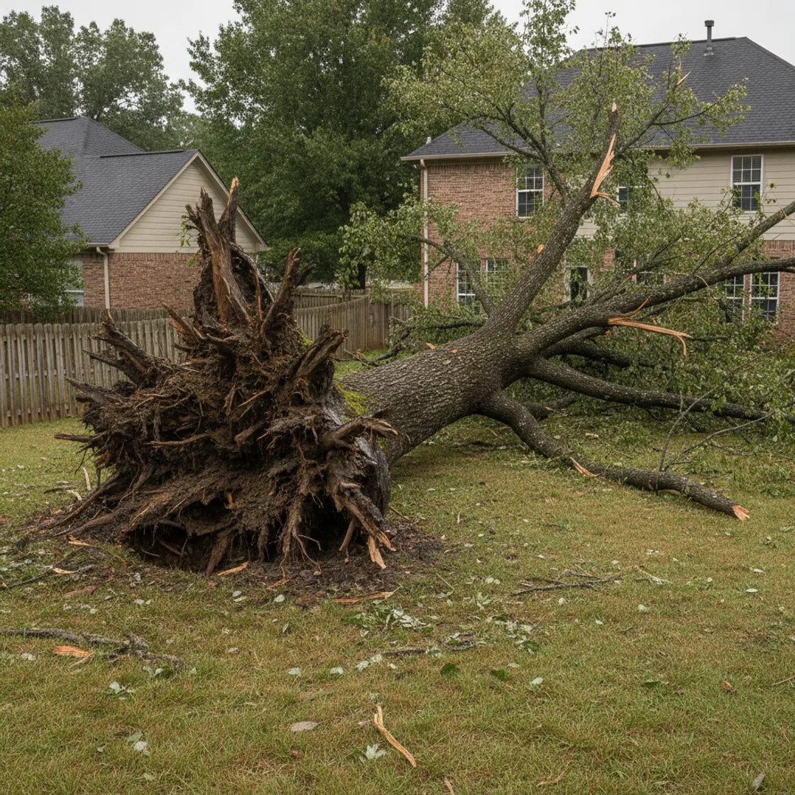 A storm-toppled tree with an uprooted root plate across a suburban yard