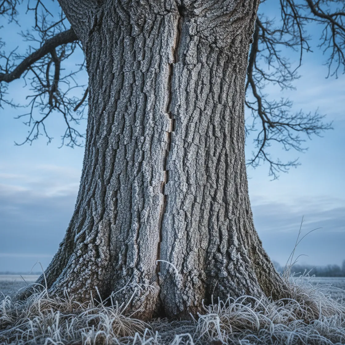 A hardwood tree trunk in winter with a vertical frost crack in the grey bark and a dusting of frost